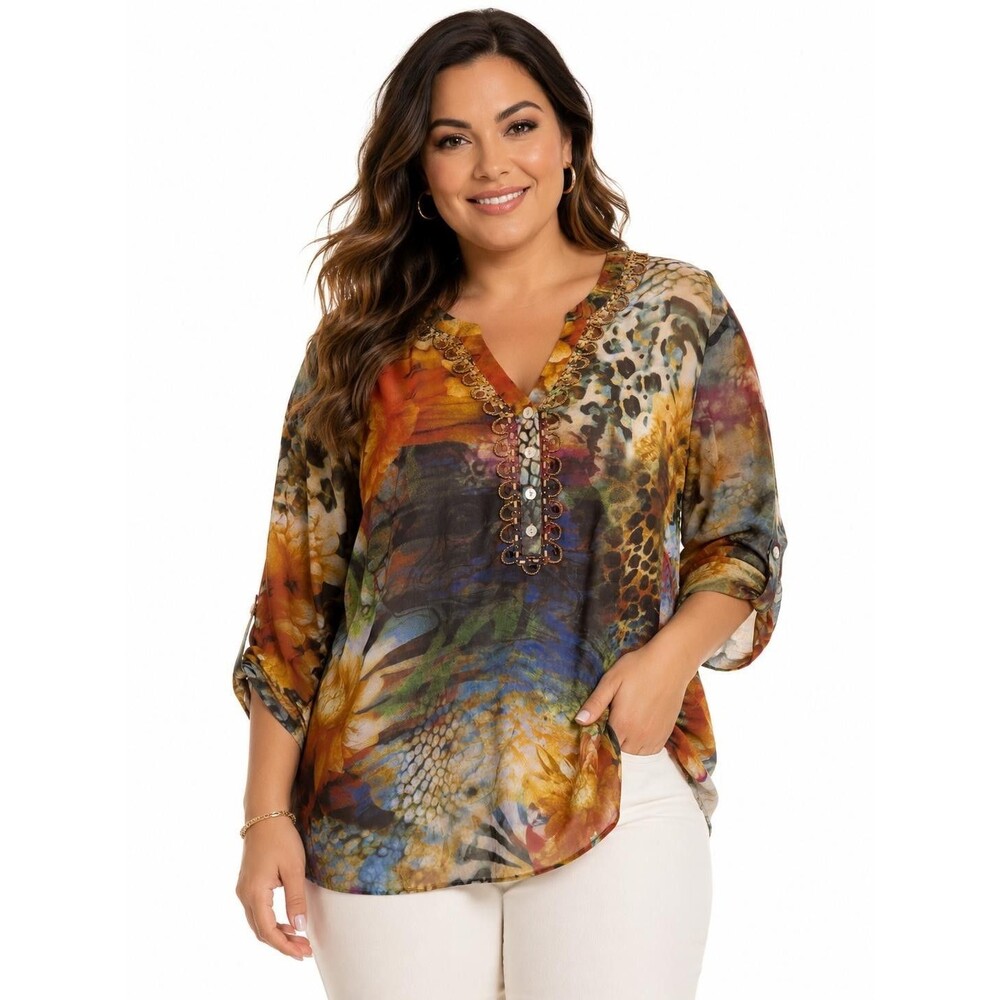 Soft Surroundings Womens Blouse XL Mixed Print Beaded V-neck Roll Tab Sleeve